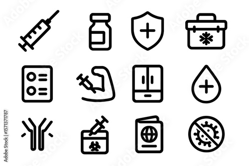 Medical icons vector illustration: health care, vaccination, and protection design set in line style