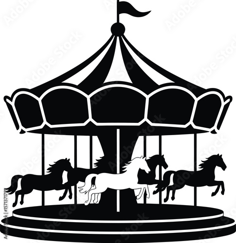 Classic Carousel Silhouette Featuring Striped Canopy and Trotting Horses in a Nostalgic Amusement Park Scene