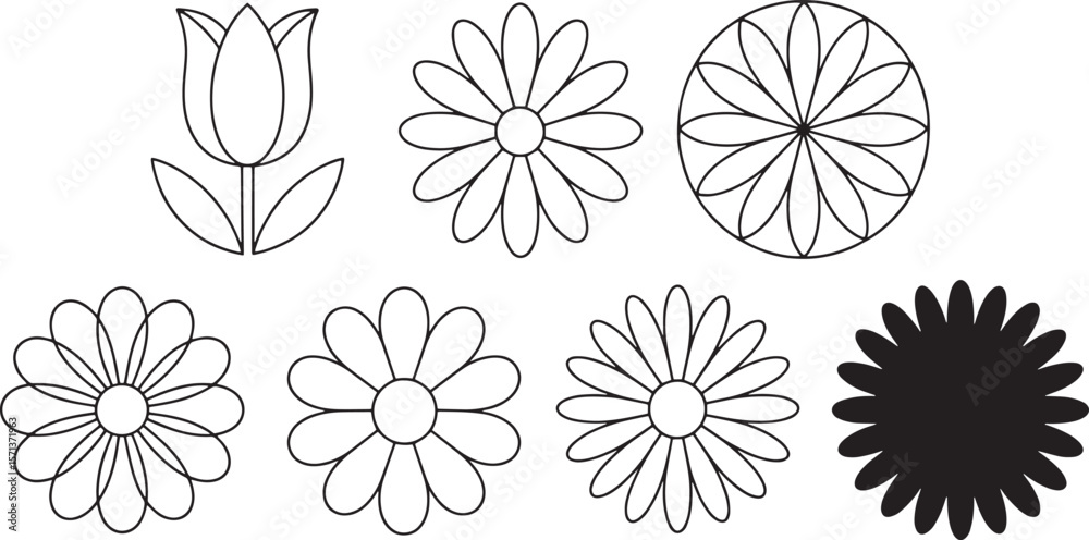 Obraz premium Outline floral elements and solid black flower vector
