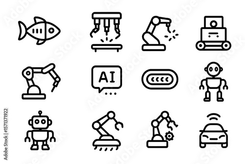 Black and white vector illustration of robotics and ai icons for modern design