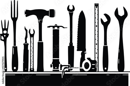 Monochrome Hand Tool Silhouette Set Featuring Hammers, Wrenches, Screwdrivers, Saws, and Tape Measures in a Horizontal Layout