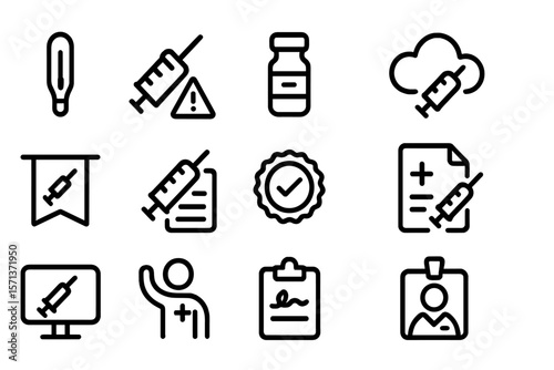 Medical and healthcare icons vector illustration - vaccine syringe, medicine, and certification symbols