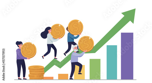 Business growth vector illustration: teamwork and financial success concept with rising graph