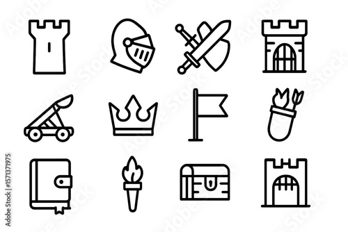 Medieval icon set vector illustration: knights, castles, and siege weapons for design projects