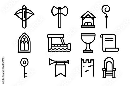 Medieval icon set vector illustration for design with outline style