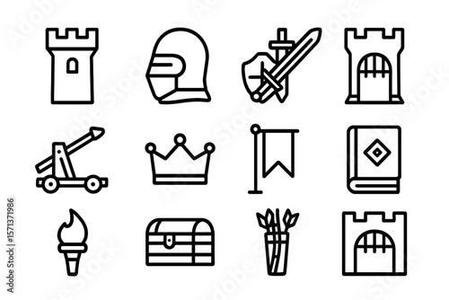 Medieval icons vector illustration set featuring castle, armor, weapons, and more for design projects