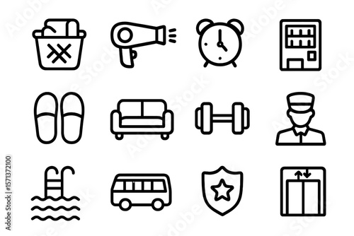 Hotel amenities vector illustration in line style for design of print and digital media