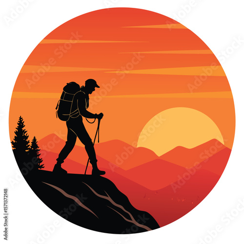Silhouette of a hiker on a mountain ridge at sunrise, captured as a badge design.