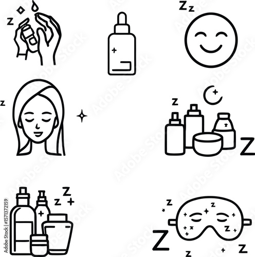 Nighttime Skincare Routine Doodle Featuring Sleep Masks, Serums, Crescent Moons, and Relaxed Faces in a Monochrome Composition