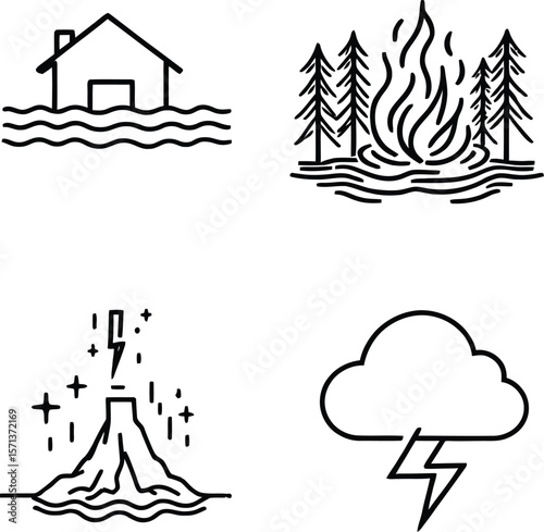 Natural Disaster Icon Set Featuring Flood, Forest Fire, Volcanic Eruption, and Thunderstorm in Monochrome