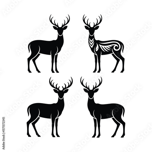 Four unique deer silhouettes in different standing poses full body vector design