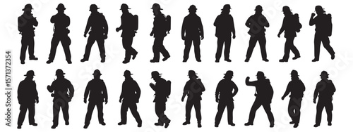 Firefighter Silhouettes In Various Poses Vector Illustration For Emergency Services And Heroic Professions Graphic Design Resource