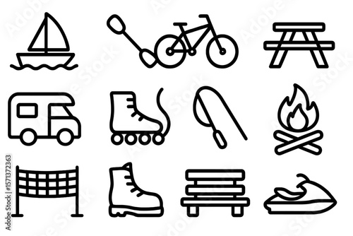 Outdoor activities set vector illustration in minimal line style for adventure and travel design
