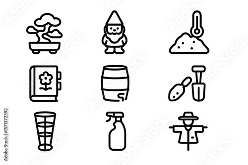 Garden and outdoor elements vector illustration: bonsai, gnome, tools, decor - minimalist icon set for design