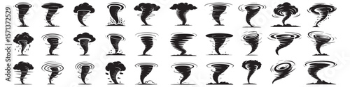 Tornado Vector Illustrations Set In Black And White Monochrome Style Weather Related Catastrophe And Natural Disaster Cyclone Tempest Flat Design