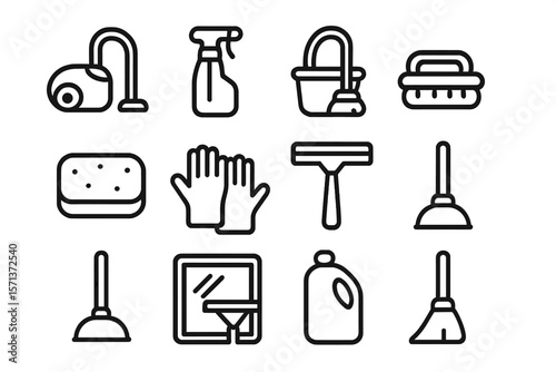Set of cleaning tools and equipment vector illustration in line art style for home and maintenance design