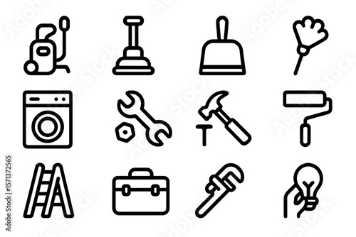 Home maintenance tools and cleaning equipment vector illustration - line style for design projects