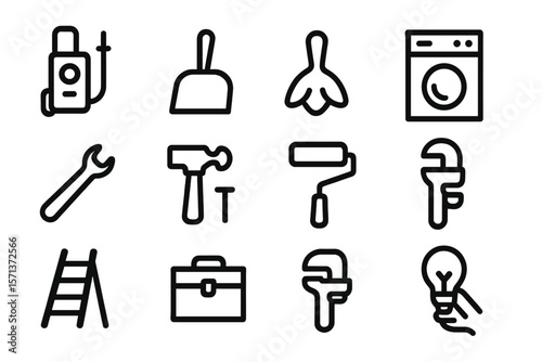 Household tools set vector illustration: minimalistic icon collection for diy projects and home maintenance design
