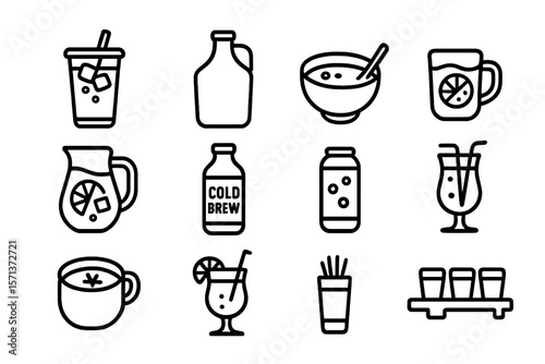 Selection of beverage icons vector illustration - line style for design projects
