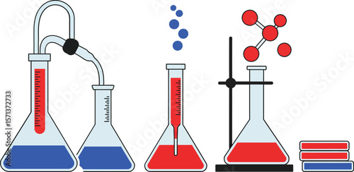 Laboratory glassware with colorful chemical liquids and molecular models for scientific experiments and research