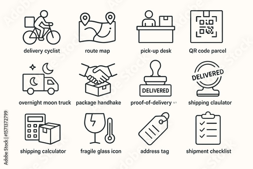 Delivery and shipping elements vector illustration - line style icons for logistics and e-commerce design