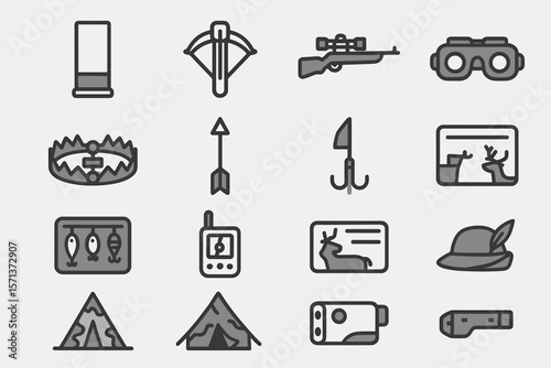 Hunting and adventure gear vector illustration - outline icons for outdoor activities design