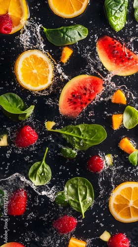 Colorful fruit and vegetable slices in water with splashes.