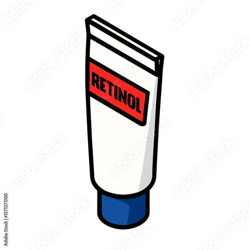Retinol Tube Isometric Icon, Plastic, White and Blue with Red Label, Transparent Background