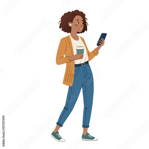 Stock photo of stylish african american woman using smartphone and holding coffee in casual fashion outfit