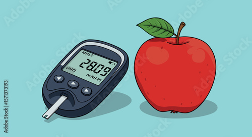 Diabetes awareness vector illustration: glucose meter and red apple design for health education