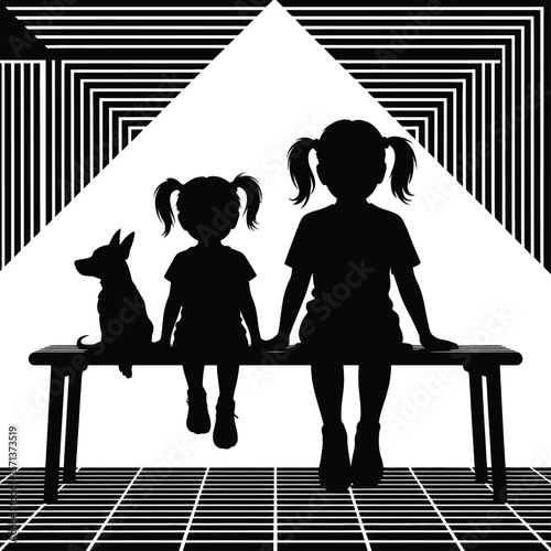 Bench of Companions: Where Childhood Meets Loyalty and Lines Silhouette Symphony: Kids, Canine, and Geometry in Quiet Unity Framed in Friendship: A Peaceful Pause in Black and White