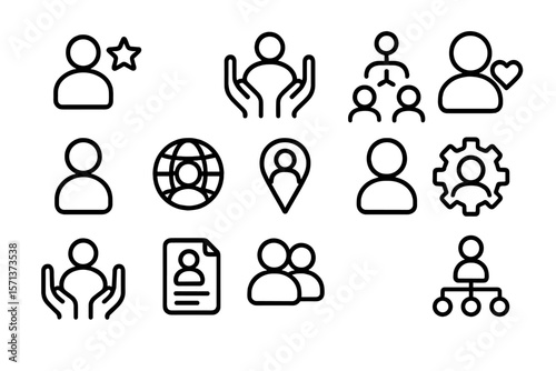 Collection of minimalist line icons for social and organizational concepts in vector illustration
