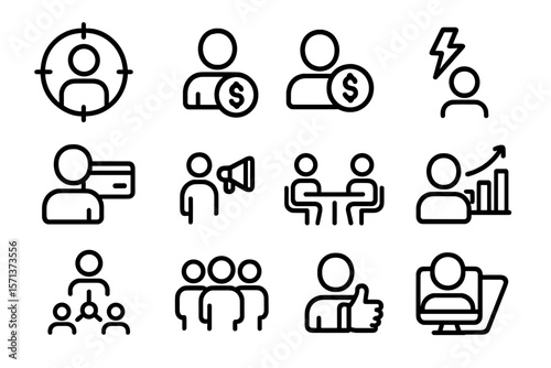 Business and communication vector illustration: black and white icon set for digital and print design