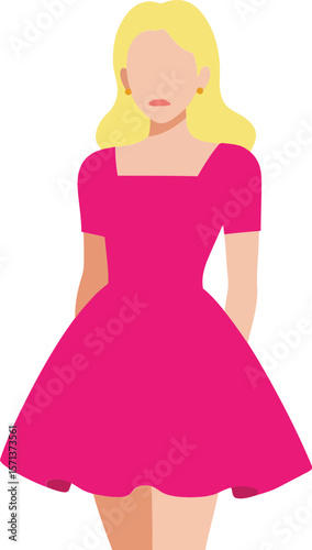 Woman wearing bright pink dress with short sleeves standing isolated on white background fashion style