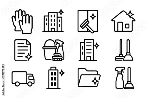Cleaning and maintenance vector illustration for home and commercial spaces in line style