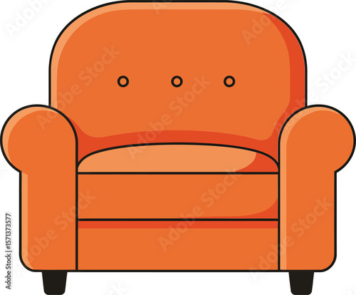 Orange armchair with rounded arms and button tufted backrest in minimalistic style for modern living room interior