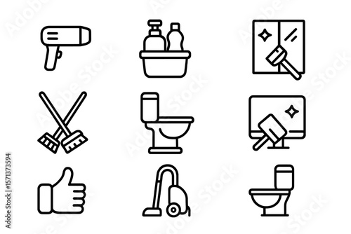 Household cleaning tools and bathroom icon set vector illustration for design projects