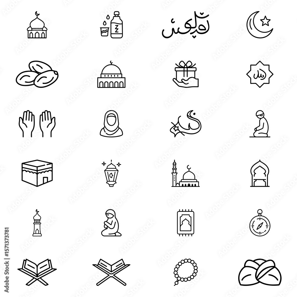 Fototapeta premium Collection of ramadan and islamic themed line art icons featuring mosque, prayer, and traditional symbols