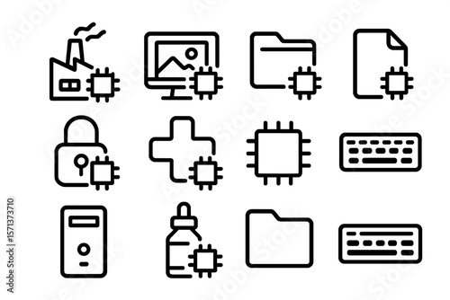 Technology and industry vector illustration with circuit elements in minimalistic line style for infographic design