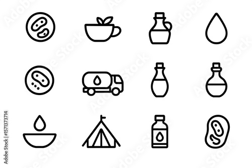 Simple line vector illustration of food and drink elements with camping theme