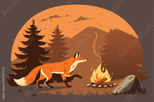Vector fox slyly sneaking near campfire. Grab leftover food roasted meat, outdoors, nature scene. Forest background, fire, animal, hunger, stealth.
