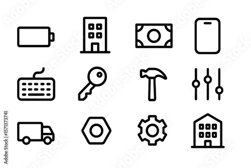 Black line vector illustration of technology and tools icons - battery, building, money, device, keyboard, key, hammer, controls, truck, bolt, gear - 