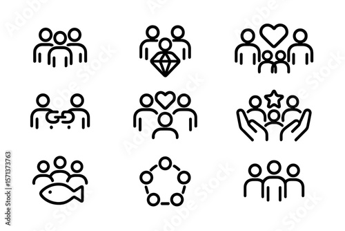 Community and teamwork vector illustration set – minimalistic icons for design and digital media