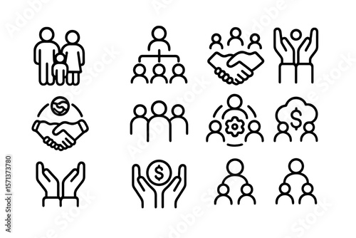 Community and teamwork concept vector illustration - black and white line icons for business and social concepts