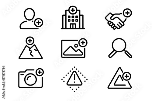 Minimalist line vector illustration of icons for business and travel concepts