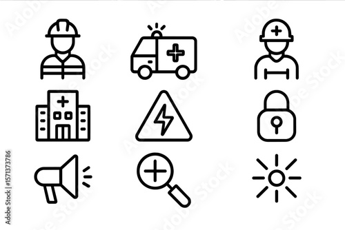 Emergency and safety icons vector illustration: medical, security, and construction symbols for design