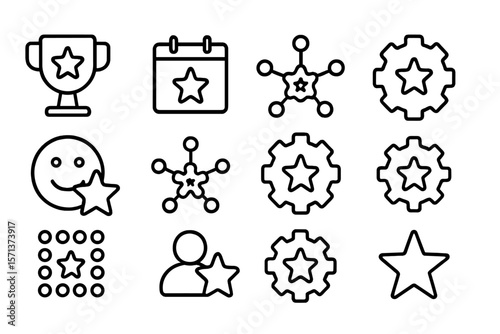 Black and white vector illustration of award icons with stars and gears for design purposes