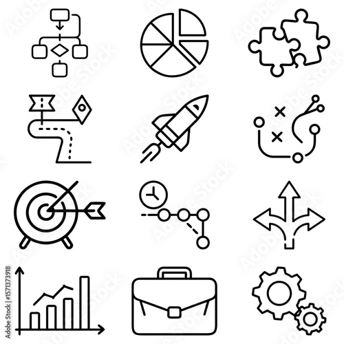 Collection of business icons representing strategy process and growth in black and white outline style