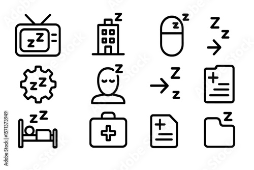 Set of sleep and rest icons: flat vector illustration for healthcare and relaxation design