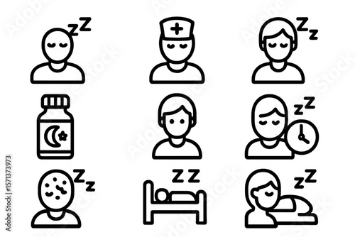 Sleep and rest vector illustration: icons of sleep, medicine, and healthcare in line style